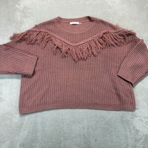 Mustard Seed Women Sweater L Mauve Pink Fringe V-Neck Waffle Knit S15714